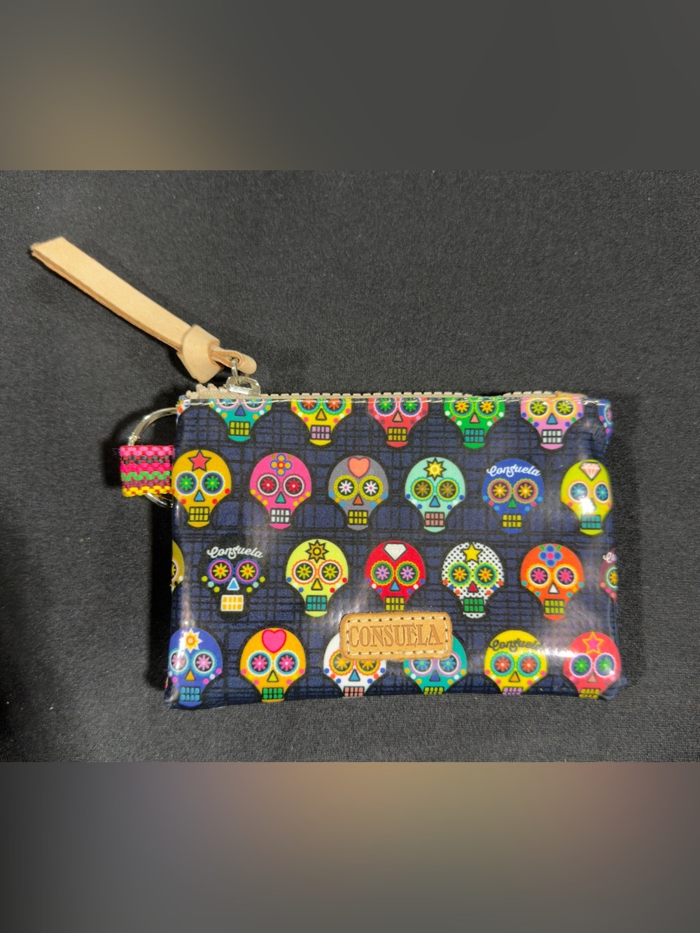Consuela Tiny Teeny Pouch Sugar Skull Print Leather Trim Cosmetic Coin Bag - Picture 2 of 7